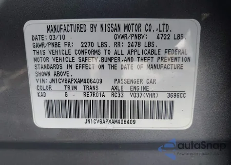 2010 Infiniti G37 z USA, uszkodzony, nr VIN JN1CV6APXAM406409